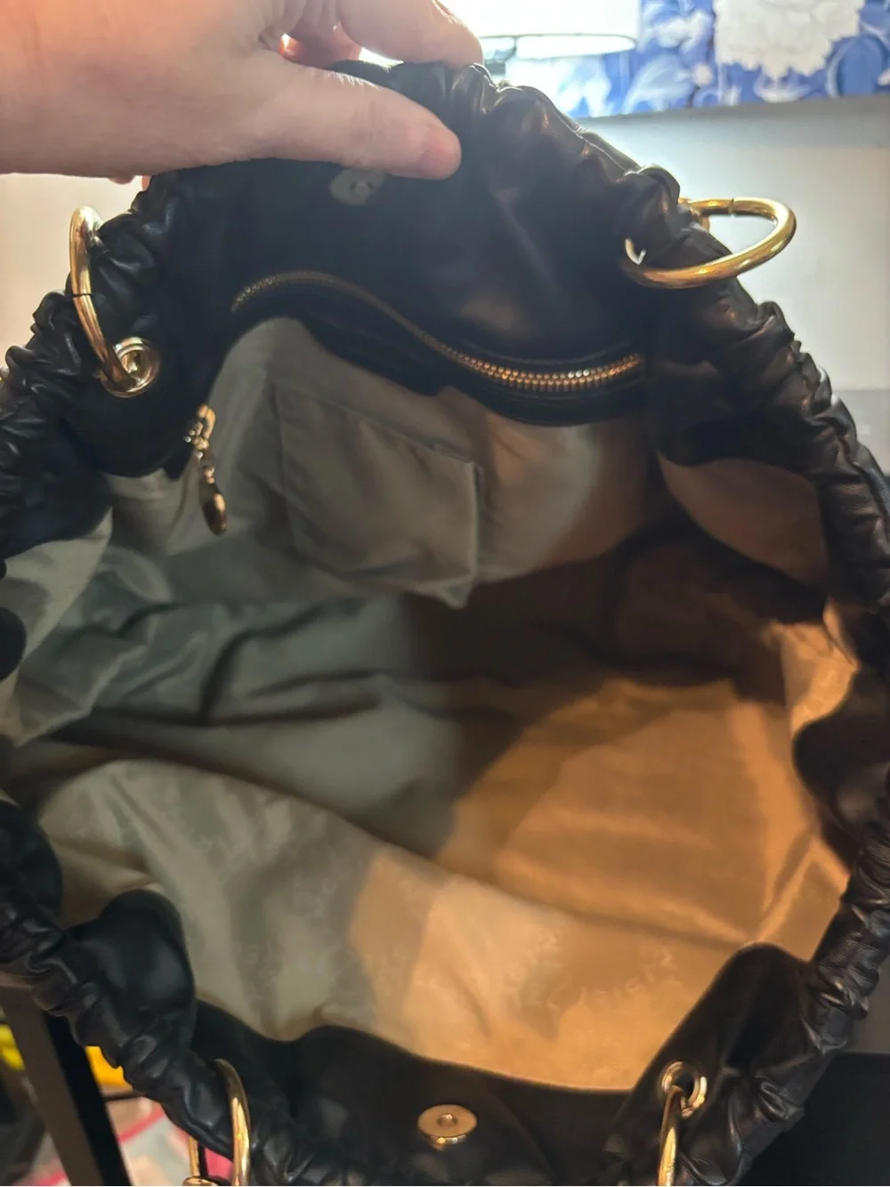 Authentic Stella McCartney Noma Soft Drawstring Shopper Tote Black/Gold Hardware